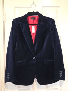 Talbots Navy Velvet Feel Blazer Red Lining NWT Size 10 Cotton Preppy Career Chic